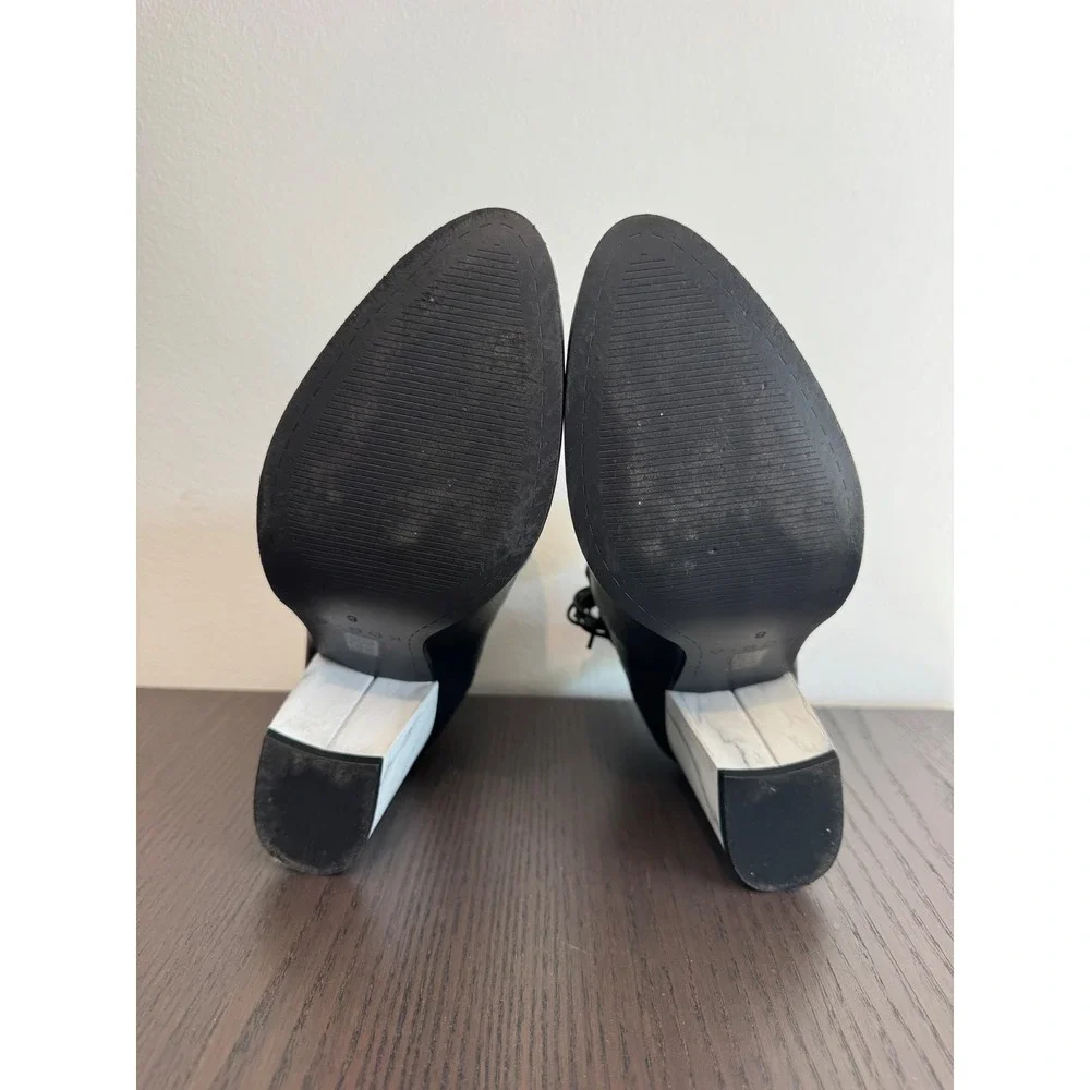 KDB Black Leather Cutout Ankle Boots Women 8 Marble Block‎ Heel Strappy Detail